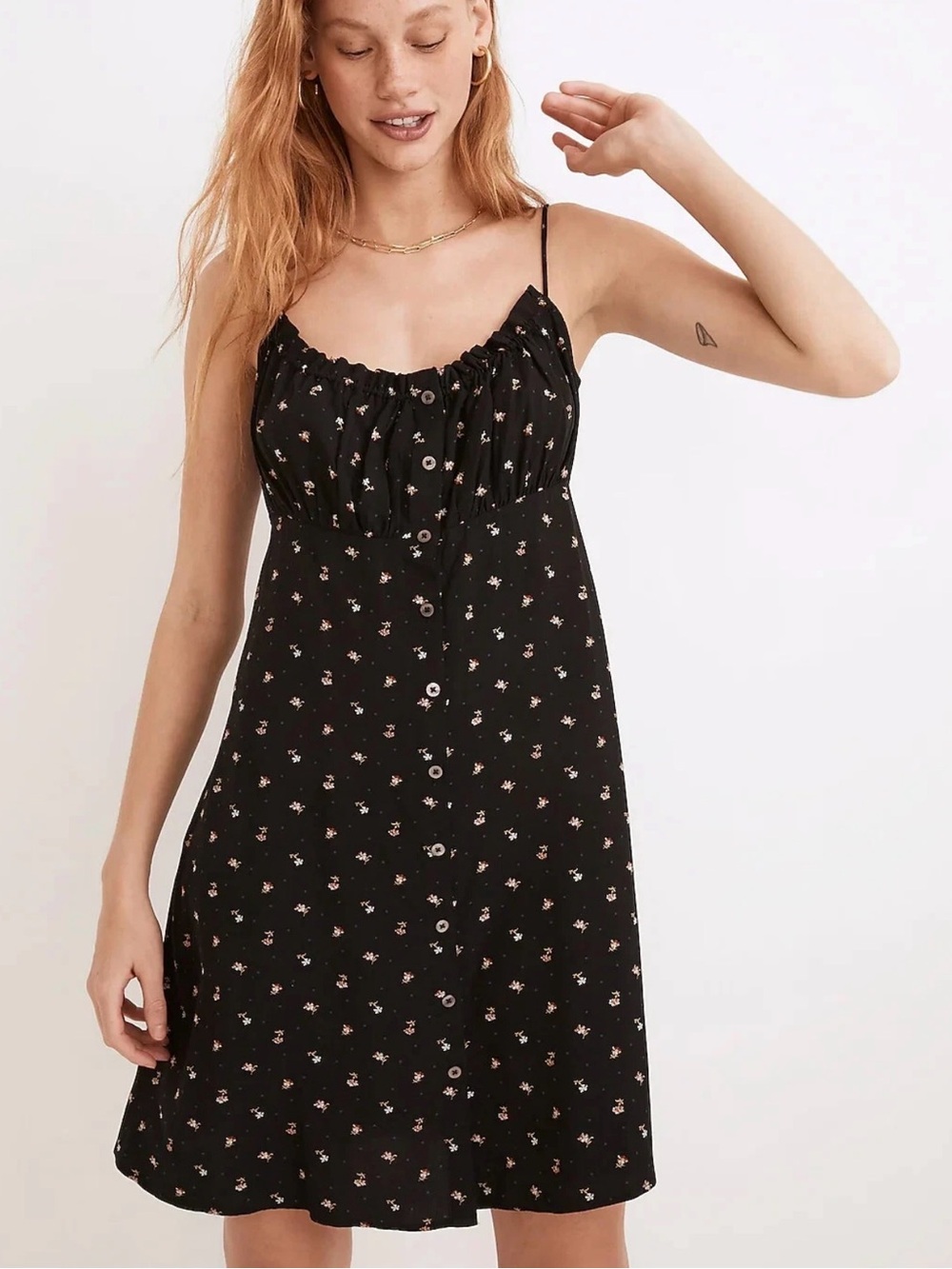 Madewell Black Floral Button-Front Slip Dress with Pink Blossoms size 0